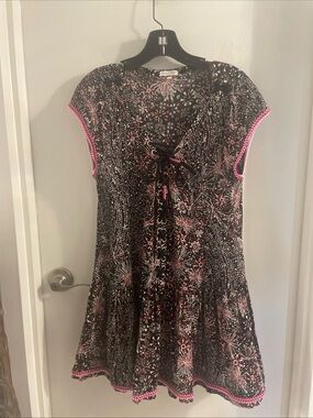 NWOT Poupette St Barth XS Lucy pink & black starburst Lace up neck Mini Dress